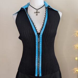 Belldini Black and Blue Ribbed Zip-Up Top